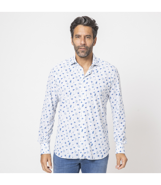 ORIAN - Chemise blanche stretch à motifs floraux et rayures
