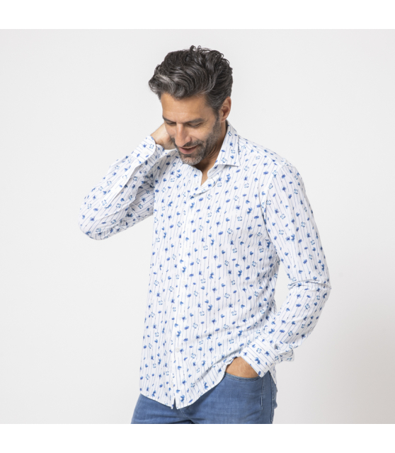 ORIAN - Chemise blanche stretch à motifs floraux et rayures