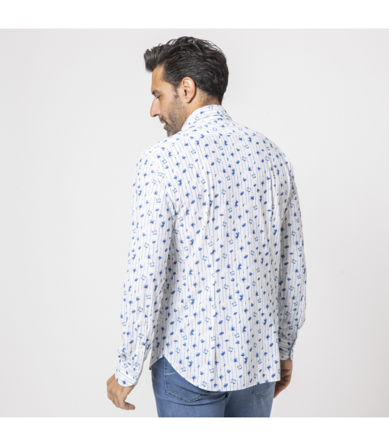 ORIAN - Chemise blanche stretch à motifs floraux et rayures
