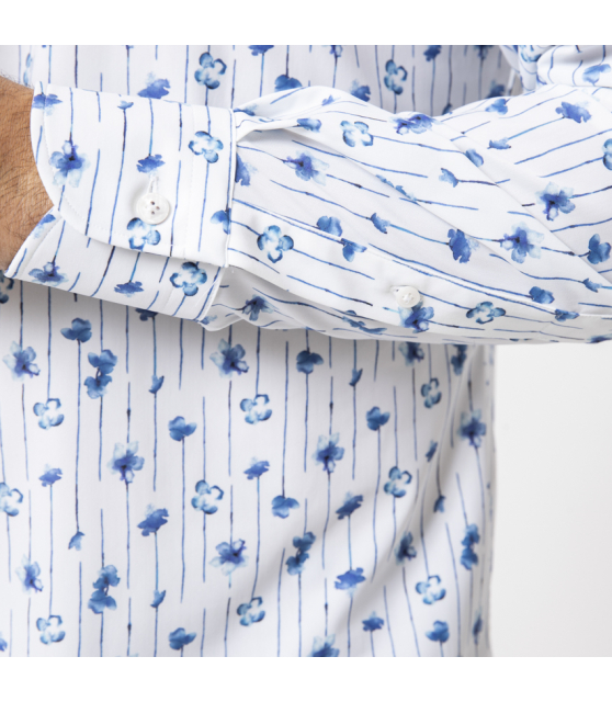 ORIAN - Chemise blanche stretch à motifs floraux et rayures