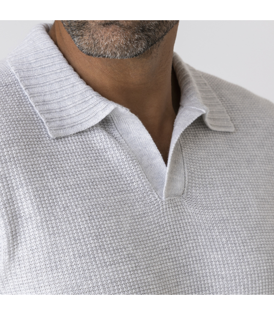 GRAN SASSO - Polo gris col skipper maille crochetée