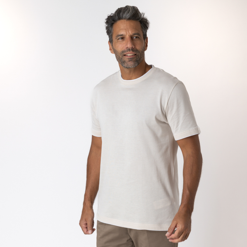 ELEVENTY - T-shirt beige à empiècements blancs