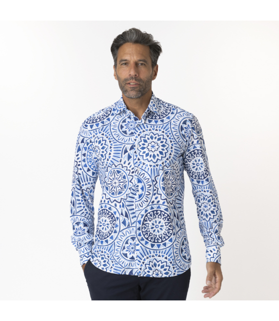 ORIAN - Chemise blanche stretch à motifs bleus