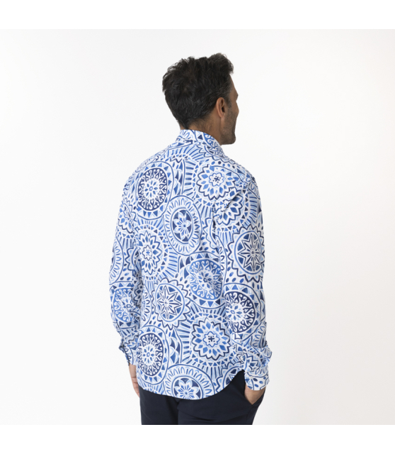 ORIAN - Chemise blanche stretch à motifs bleus