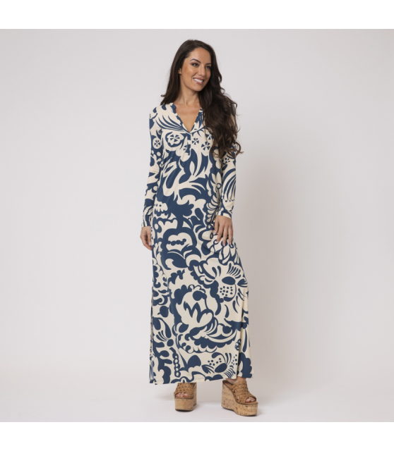 SIYU - Robe longue à motifs floraux blancs et bleus