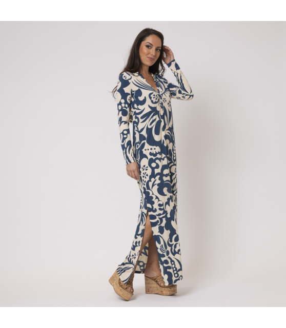 SIYU - Robe longue à motifs floraux blancs et bleus