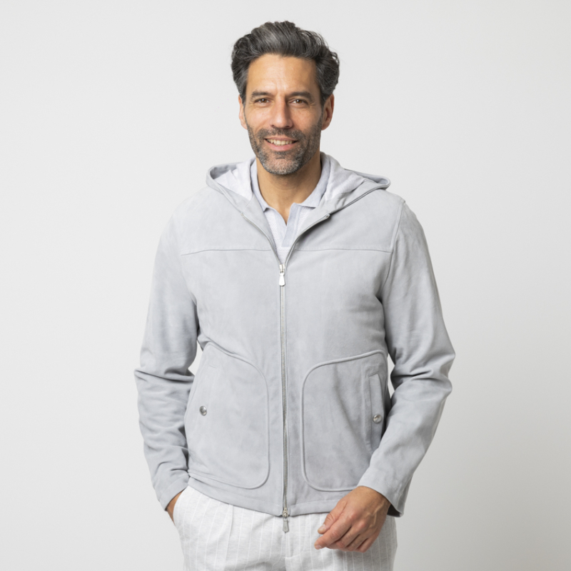 ELEVENTY - Blouson gris à capuche en cuir velours