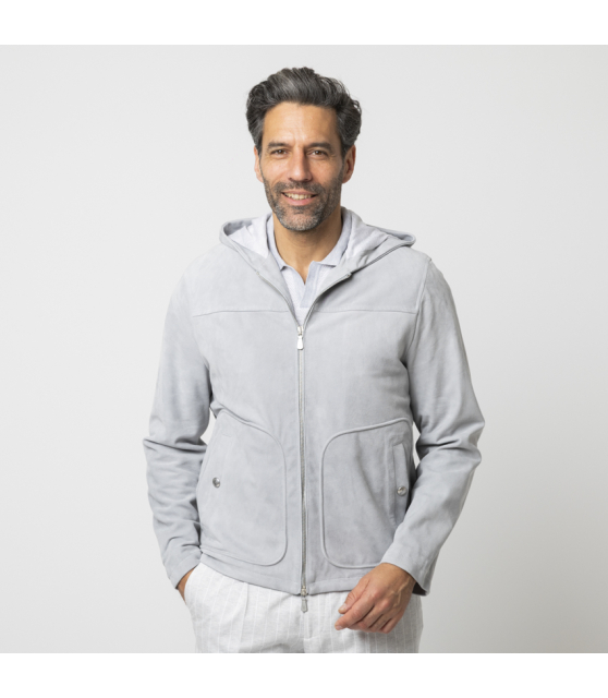 ELEVENTY - Blouson gris à capuche en cuir velours