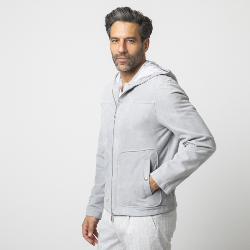 ELEVENTY - Blouson gris à capuche en cuir velours 2