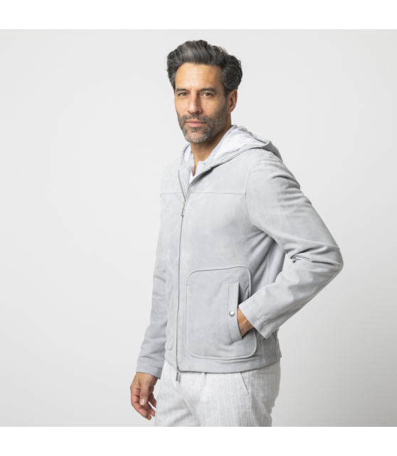 ELEVENTY - Blouson gris à capuche en cuir velours