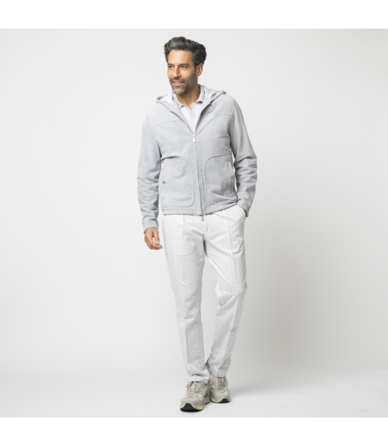 ELEVENTY - Blouson gris à capuche en cuir velours