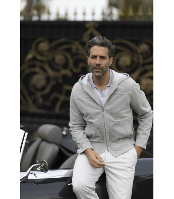 ELEVENTY - Blouson gris à capuche en cuir velours