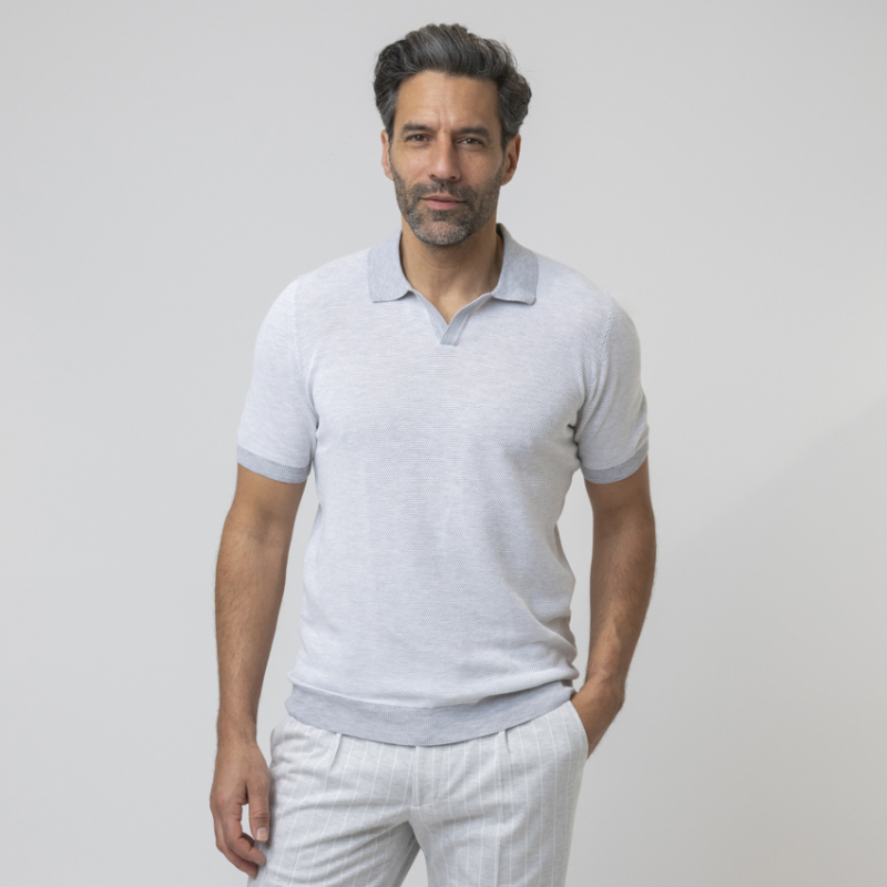 GRAN SASSO - Polo gris bi-couleur col skipper en maille crochetée