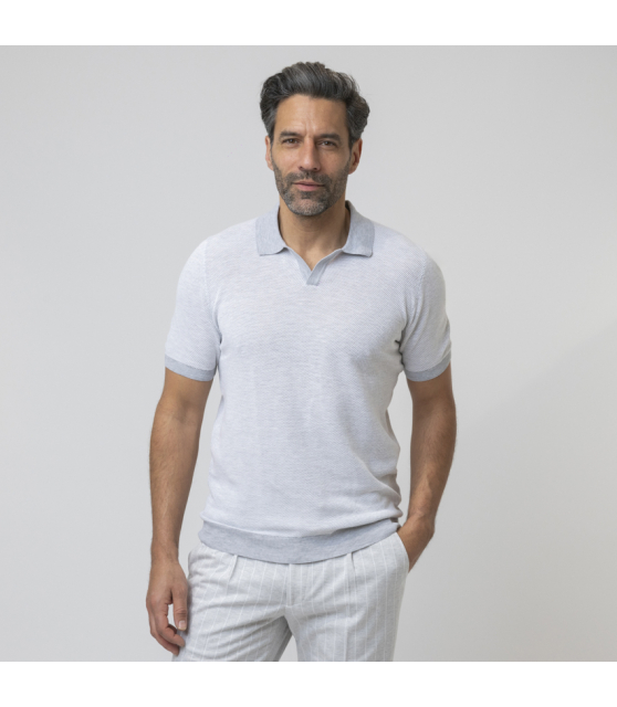 GRAN SASSO - Polo gris bi-couleur col skipper en maille crochetée