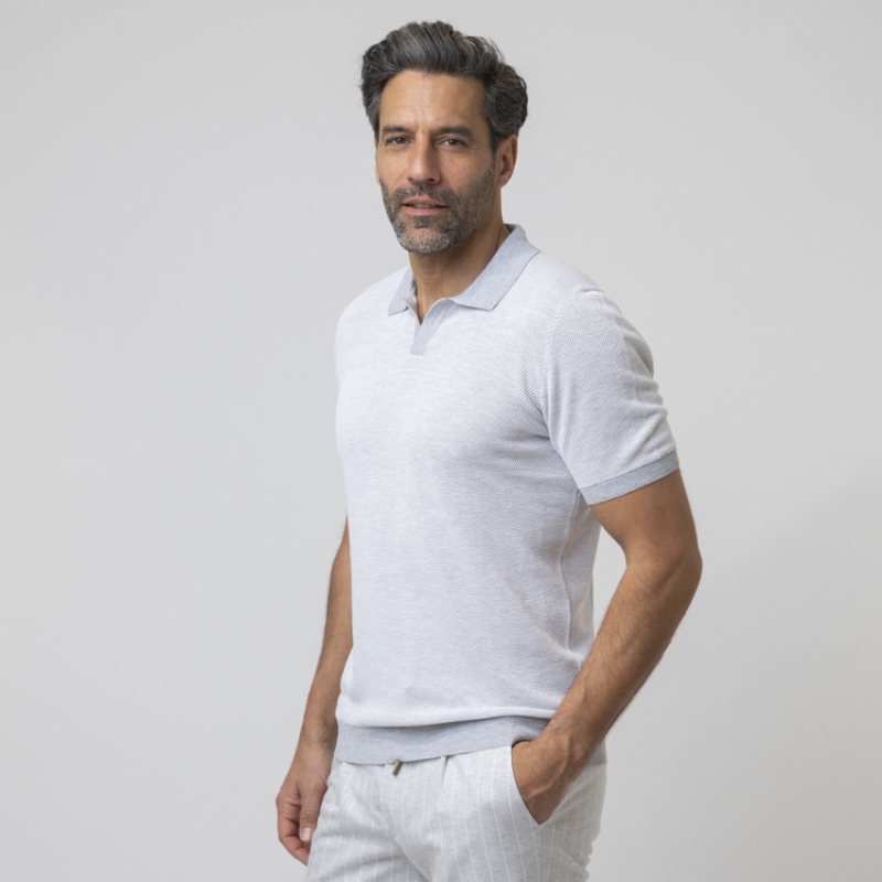 GRAN SASSO - Polo gris bi-couleur col skipper en maille crochetée 2