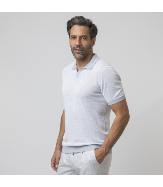 GRAN SASSO - Polo gris bi-couleur col skipper en maille crochetée