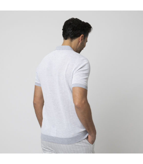 GRAN SASSO - Polo gris bi-couleur col skipper en maille crochetée