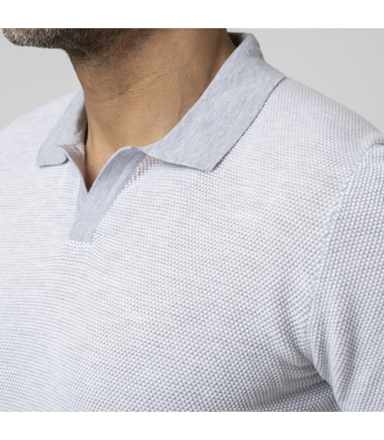 GRAN SASSO - Polo gris bi-couleur col skipper en maille crochetée