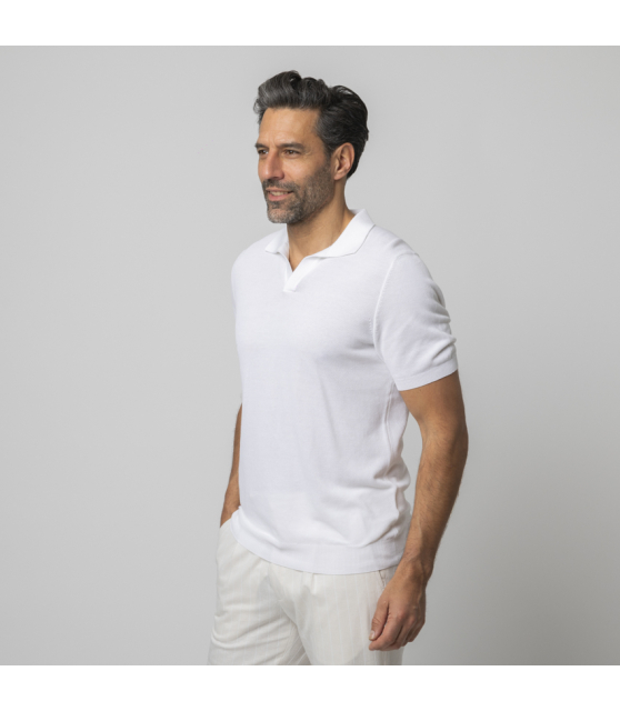 GRAN SASSO - Polo blanc col skipper en coton piqué
