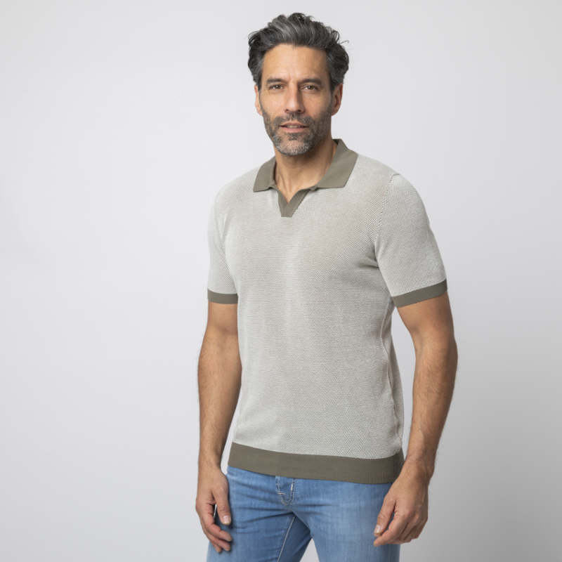 GRAN SASSO - Polo kaki col skipper en maille crochetée