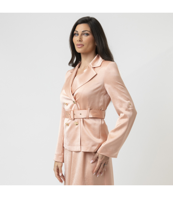 MARC CAIN - Veste croisée rose en satin martelé