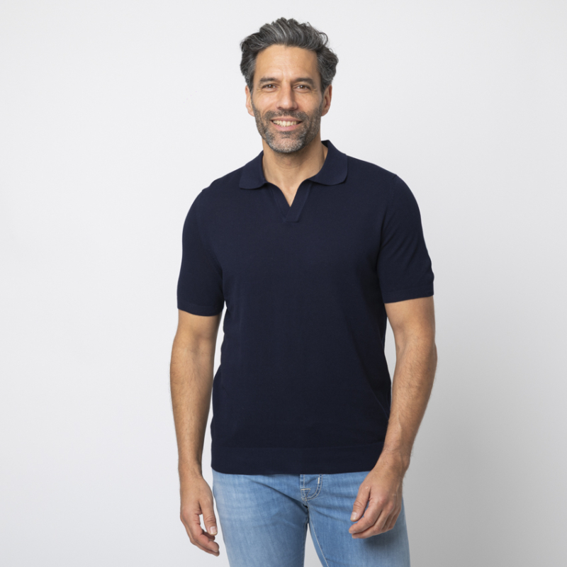 GRAN SASSO - Polo bleu marine col skipper en coton piqué