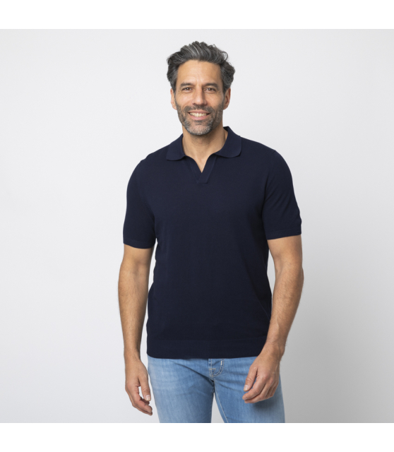 GRAN SASSO - Polo bleu marine col skipper en coton piqué