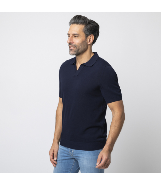 GRAN SASSO - Polo bleu marine col skipper en coton piqué