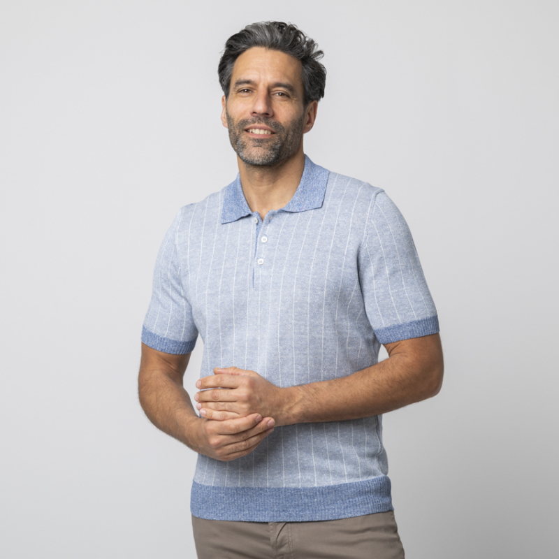 GRAN SASSO - Polo bleu à rayures en lin et coton