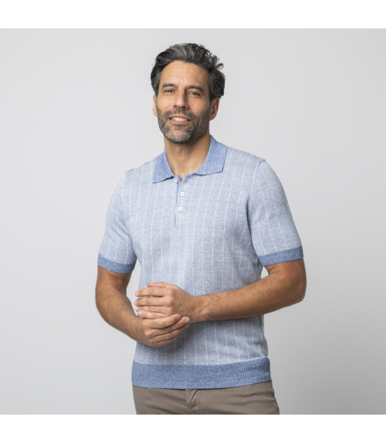 GRAN SASSO - Polo bleu à rayures en lin et coton