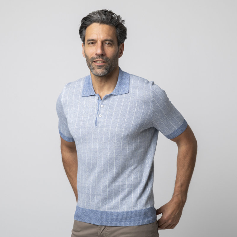 GRAN SASSO - Polo bleu à rayures en lin et coton 2