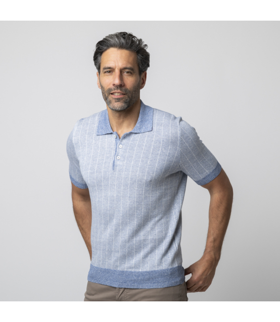 GRAN SASSO - Polo bleu à rayures en lin et coton