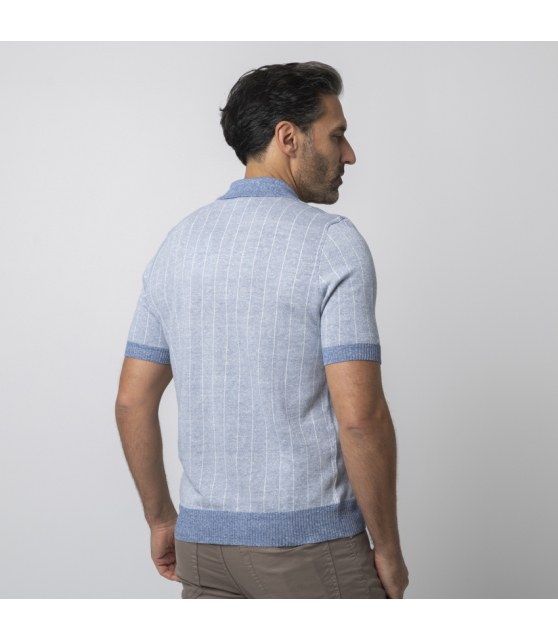 GRAN SASSO - Polo bleu à rayures en lin et coton