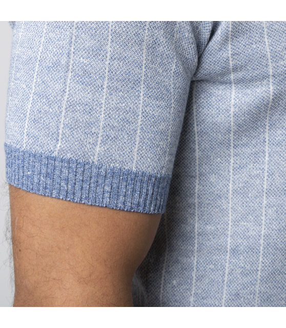 GRAN SASSO - Polo bleu à rayures en lin et coton