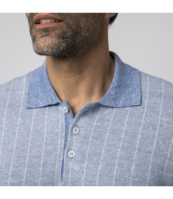 GRAN SASSO - Polo bleu à rayures en lin et coton