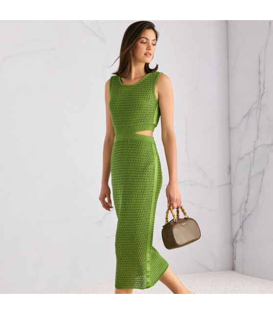 MARC CAIN - Robe verte moulante en maille ajourée