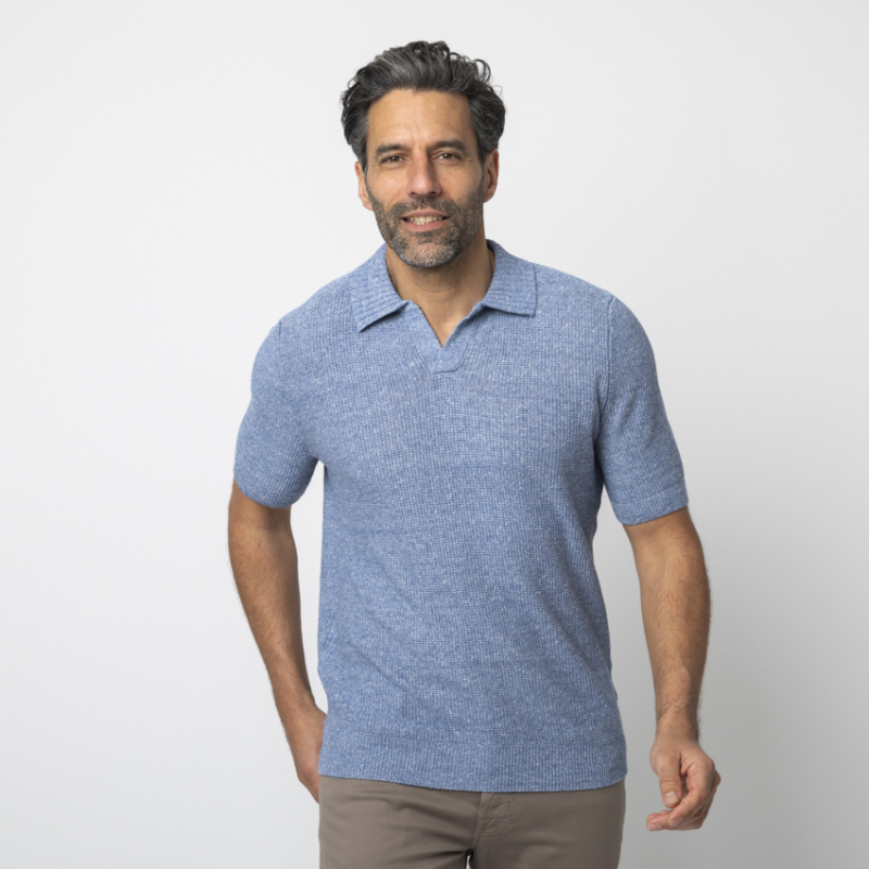 GRAN SASSO - Polo bleu col skipper maille crochetée