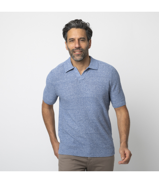 GRAN SASSO - Polo bleu col skipper maille crochetée