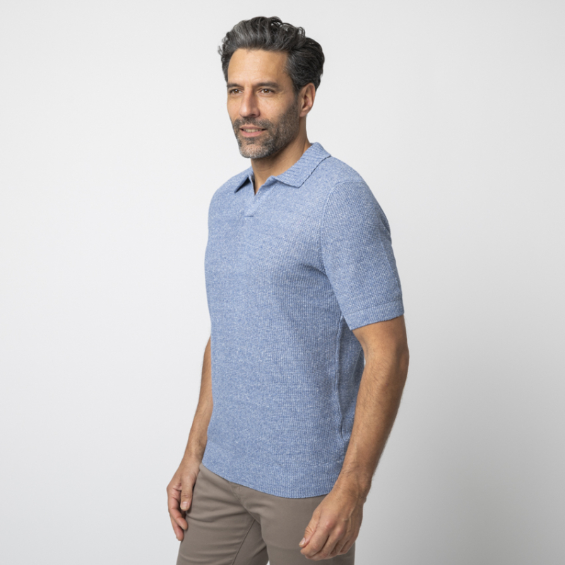 GRAN SASSO - Polo bleu col skipper maille crochetée 2