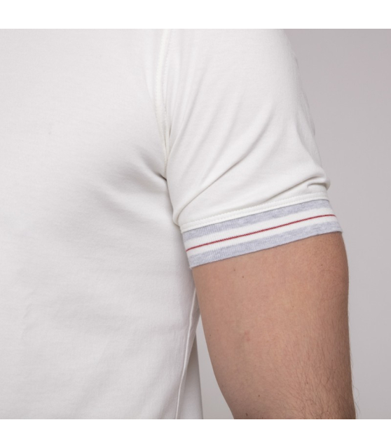 Brunello Cucinelli - T-shirt blanc ras-du-cou avec encolure et bordures manches à bandes colorées