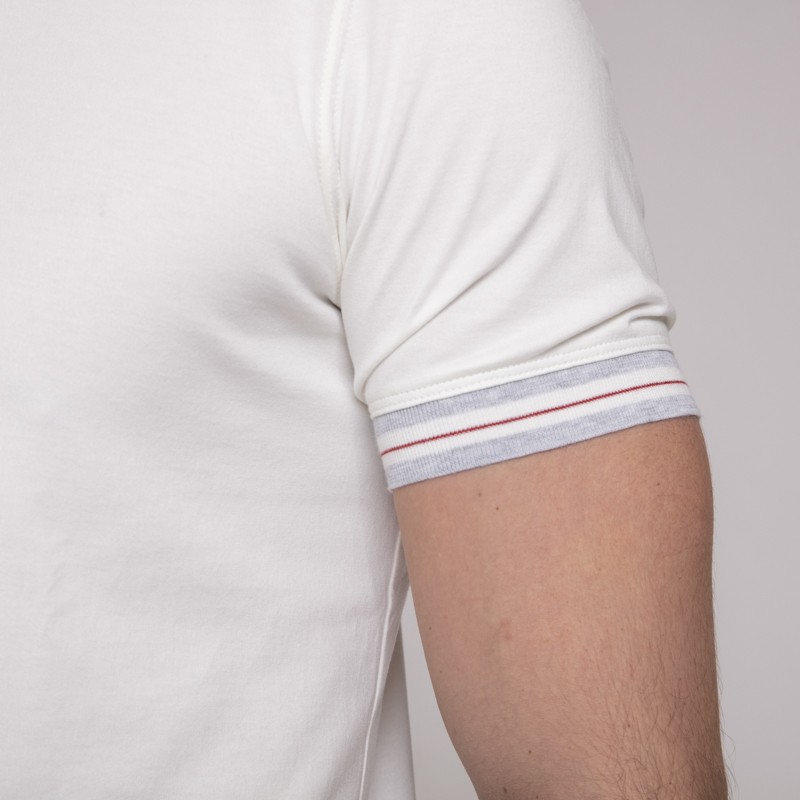 Brunello Cucinelli - T-shirt blanc ras-du-cou avec encolure et bordures manches à bandes colorées
