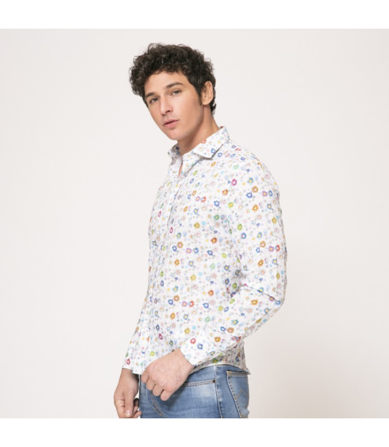 Duncan - Chemise blanche à manches longues et motifs fleuris multi-couleurs