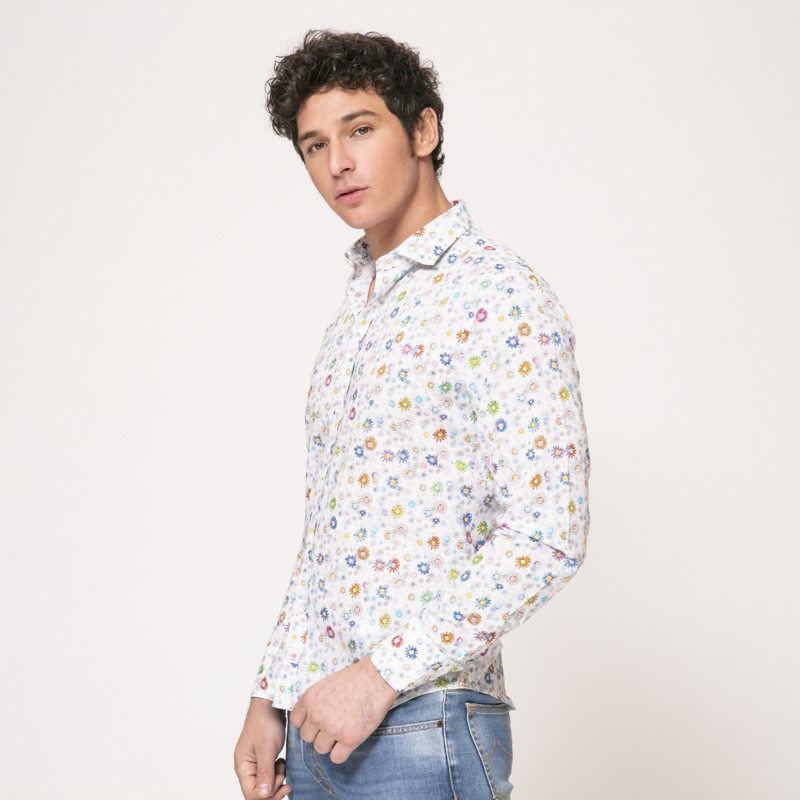 Duncan - Chemise blanche à manches longues et motifs fleuris multi-couleurs