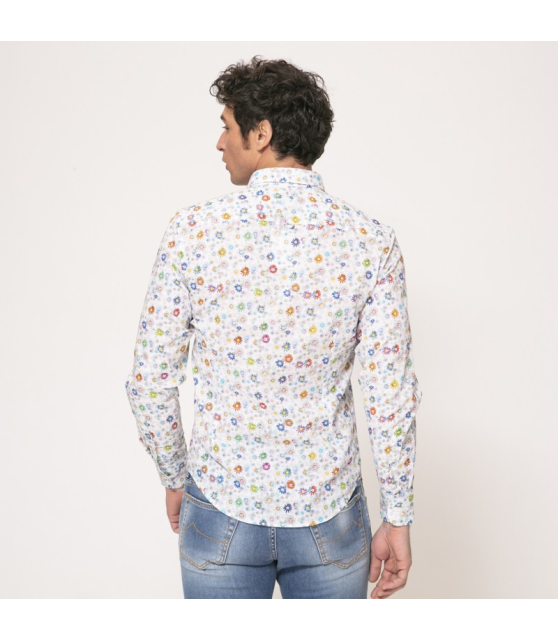 Duncan - Chemise blanche à manches longues et motifs fleuris multi-couleurs