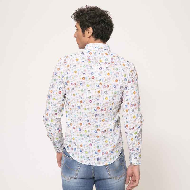Duncan - Chemise blanche à manches longues et motifs fleuris multi-couleurs