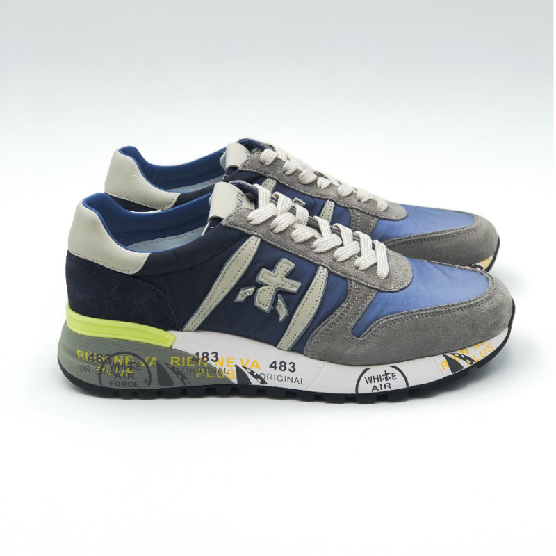 Premiata - Sneakers basses bleu, gris et jaune fluo