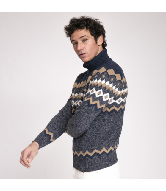 Gran Sasso - Pull bleu marine à motifs géométriques