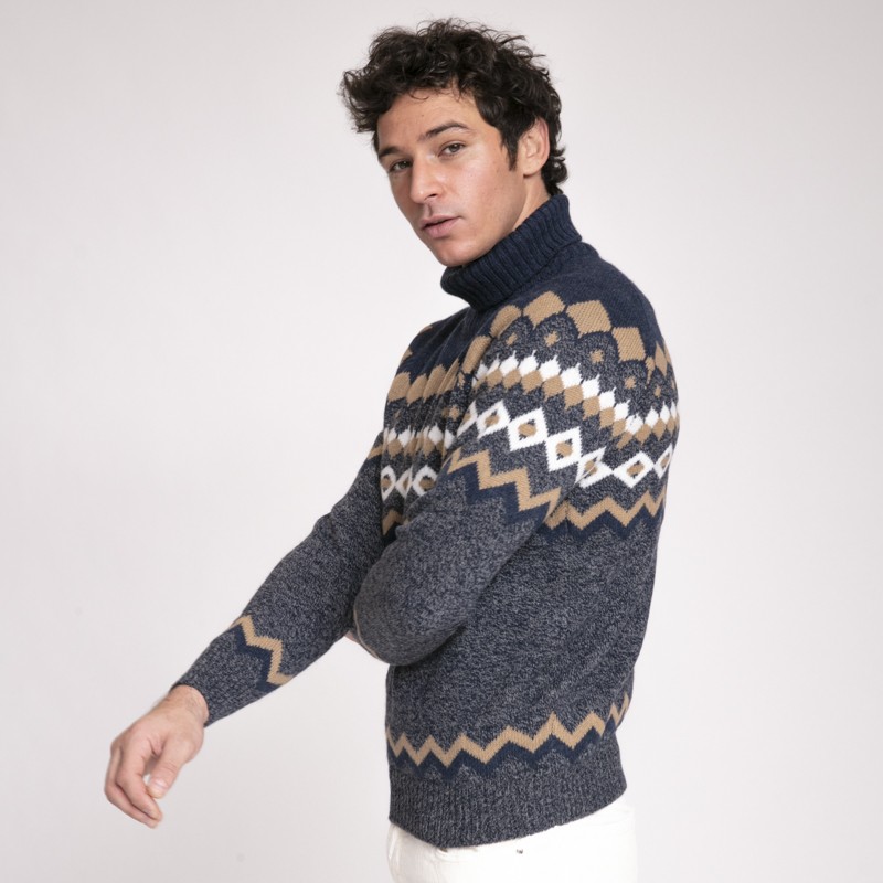 Gran Sasso - Pull bleu marine à motifs géométriques
