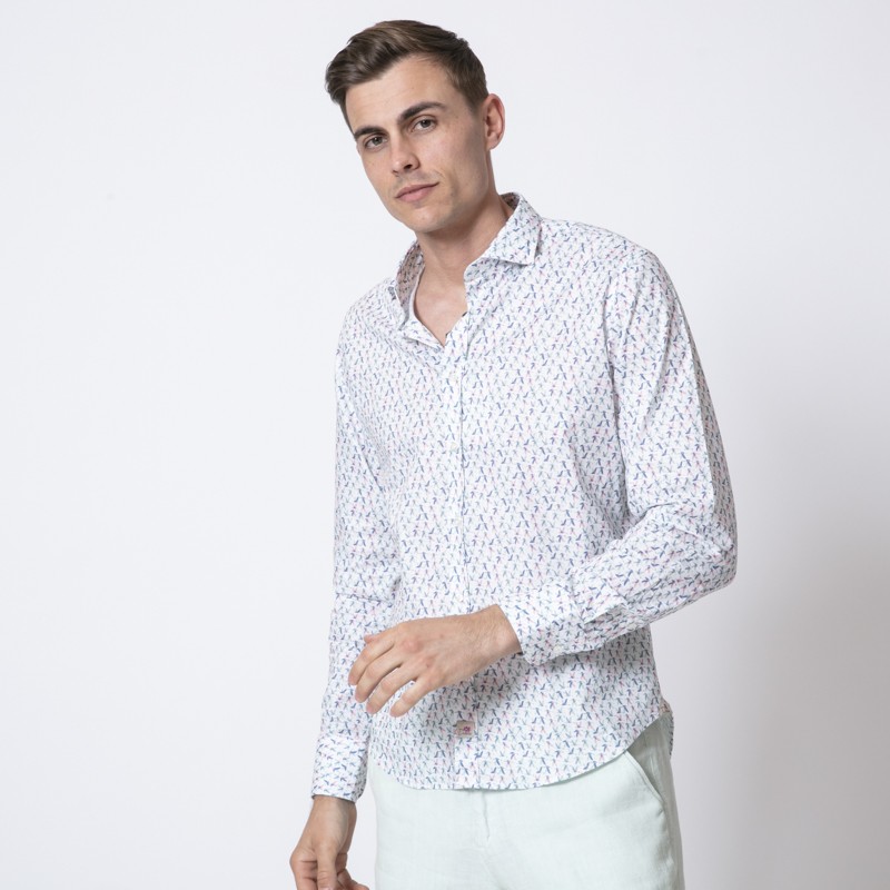 DUNCAN - Chemise blanche manches longues à motifs oiseaux