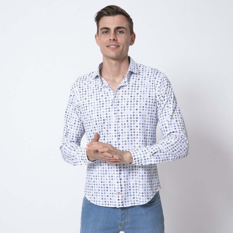 DUNCAN - Chemise blanche à motifs géométriques bleus et marron